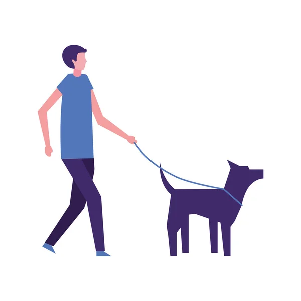 Hombre caminando con su mascota perro — Vector de stock