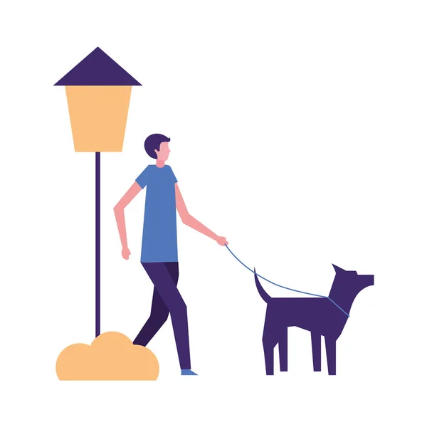 Мужчина гуляет с собакой в парке — стоковый вектор