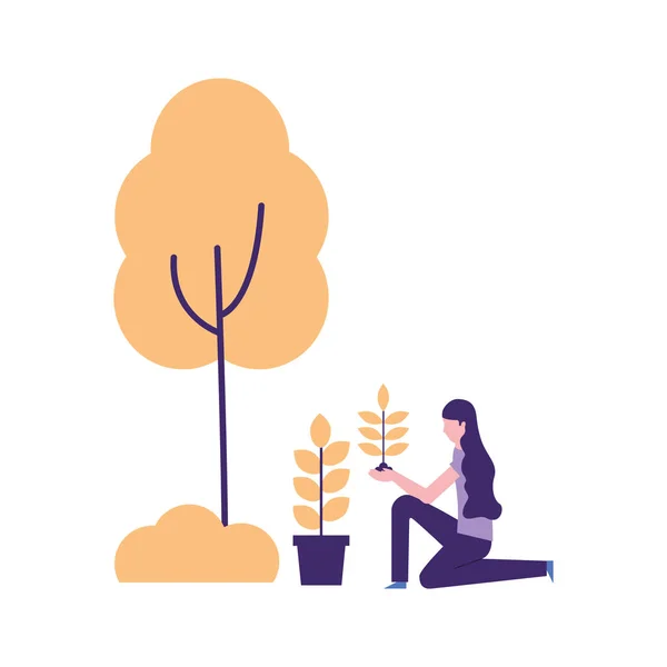 Frau mit Pflanze im Topf pflanzt Baum — Stockvektor