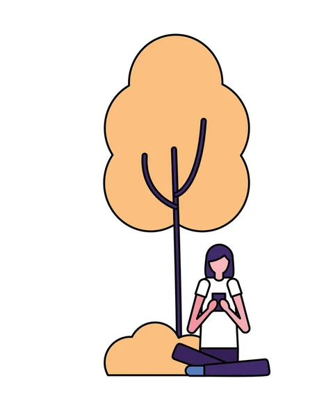 Женщина использует мобильный телефон, сидя рядом с деревом — стоковый вектор