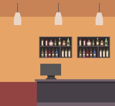 Bar Shop Counter bilgisayar lambaları ve raf şişeleri