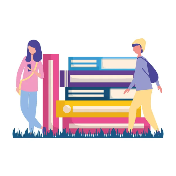 Libros de hombre y mujer apilados — Vector de stock