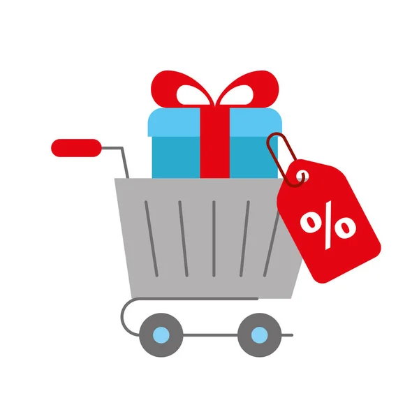 Carrito de compras online caja regalo etiqueta porcentaje — Vector de stock