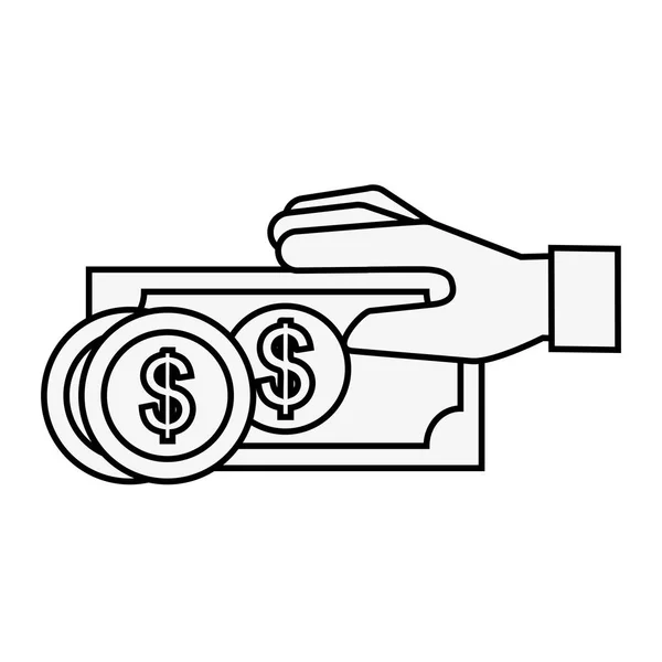 Держание банкноты и монеты деньги онлайн покупки — стоковый вектор