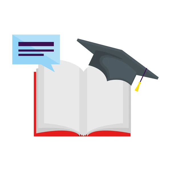Text book with speech bubble and hat graduation — Stock Vector