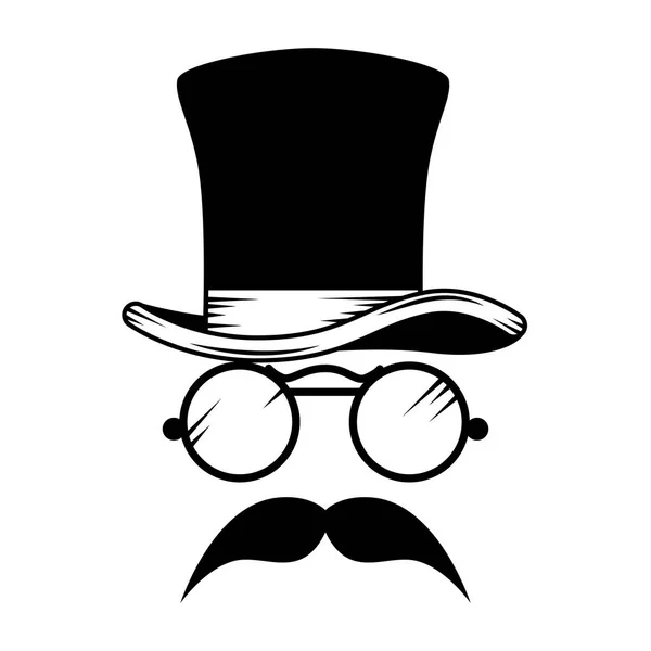 Top hat with mustache and glasses hipster accessories — Stock Vector