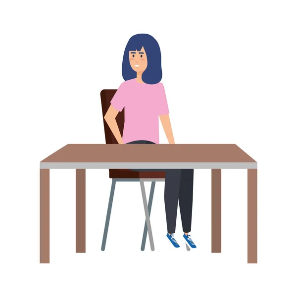 Mujer joven sentada en silla y mesa — Vector de stock