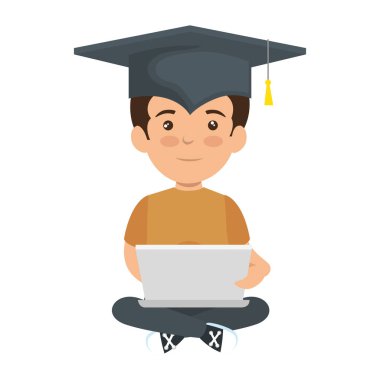 küçük öğrenci mezuniyet şapka ve dizüstü