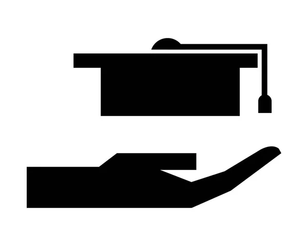 Ręka z graduacyjnej kapelusz sylwetka ikona na białym tle — Wektor stockowy