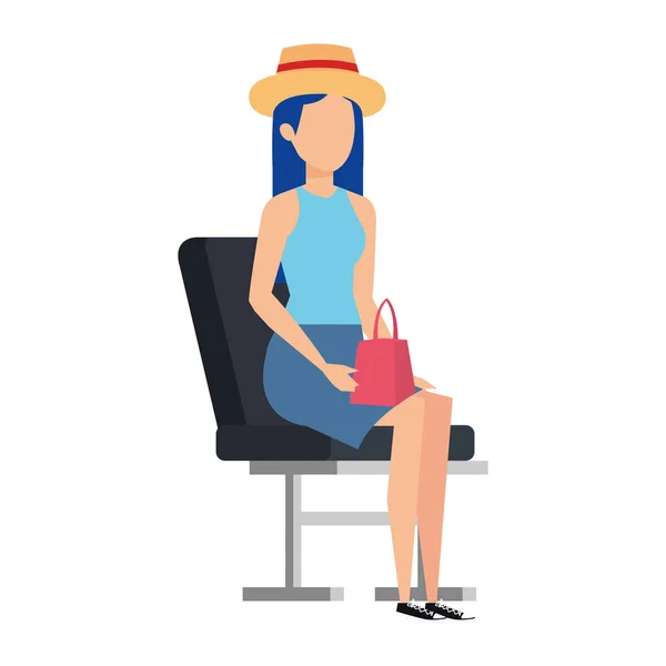 Ragazza turistica con cappello estivo sulla sedia dell'aeroporto — Vettoriale Stock