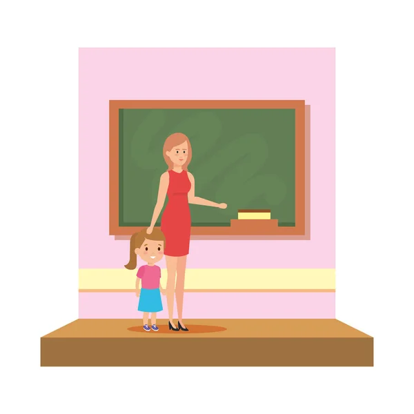 Female teacher with girl in the classroom — Stock Vector