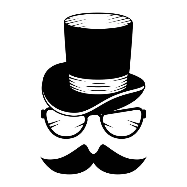 Chapeau haut de forme avec moustache et lunettes accessoires hipster — Image vectorielle