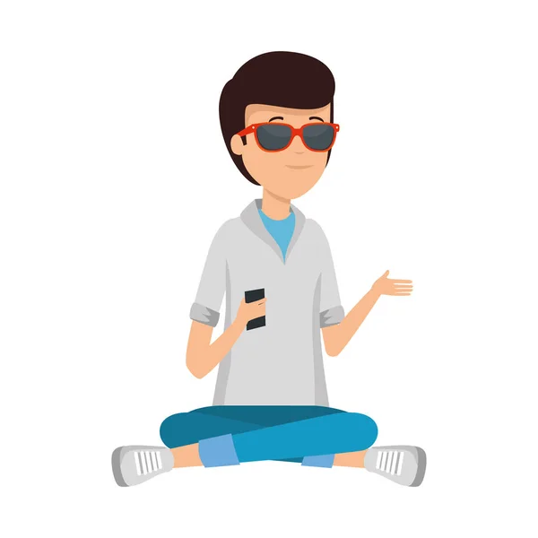 Mladý muž s sluneční brýle a smartphone — Stockový vektor