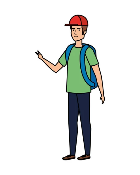 Jonge man met travelbag avatar karakter — Stockvector