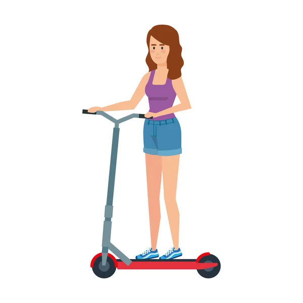 Mujer joven en scooter plegable — Vector de stock