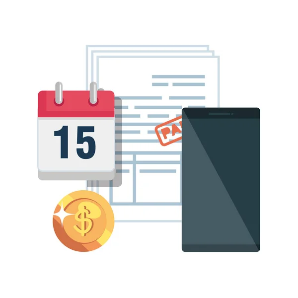 Documentos fiscales con calendario y smartphone — Vector de stock