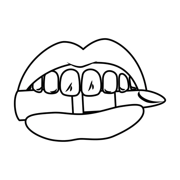 Женский рот, кусающий помаду — стоковый вектор