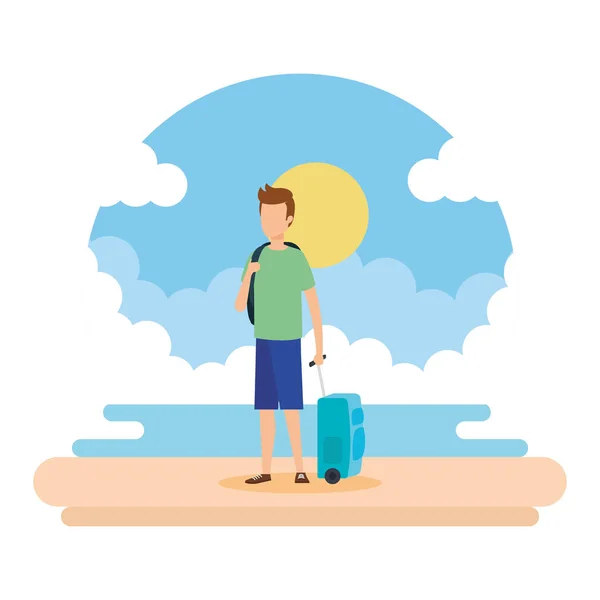 Young man with suitcase on the beach — Stock Vector