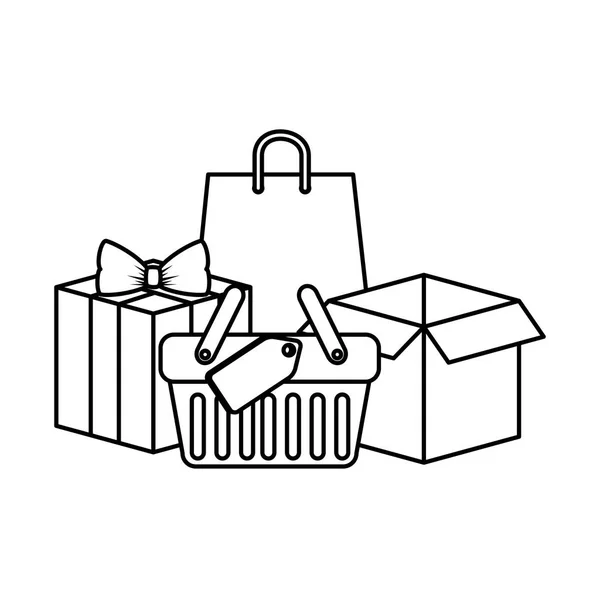 Warenkorb mit Geschenken und Taschen — Stockvektor