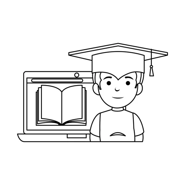 Little schoolboy with graduation hat and laptop — Stock Vector