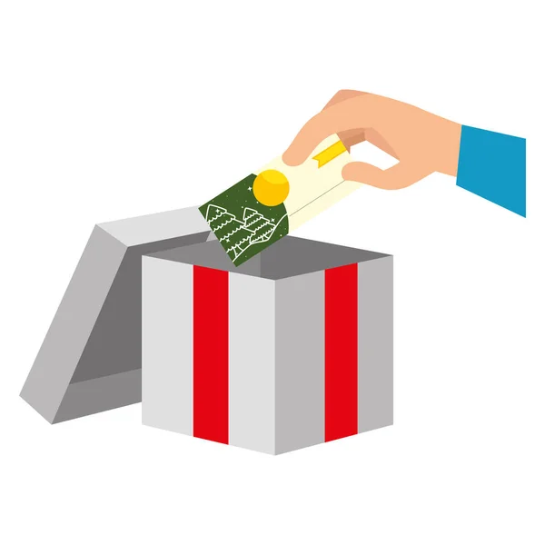 Mano con tarjeta y caja regalo regalo — Vector de stock