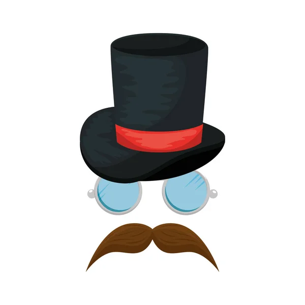 Sombrero de copa con bigote y gafas accesorios hipster — Vector de stock