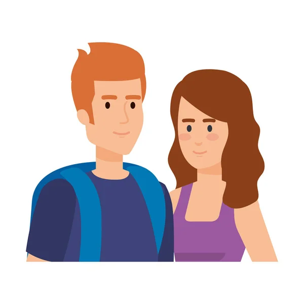 Joven pareja con escolar avatares caracteres — Vector de stock