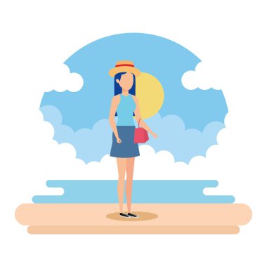 turist kızla sahilde yaz şapka