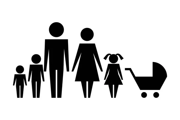 Familjen siluett och baby vagn isolerade ikon — Stock vektor