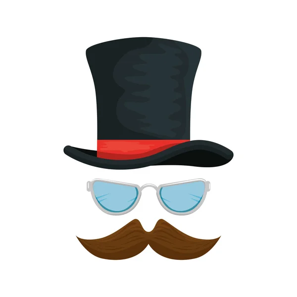 Chapéu superior com bigode e óculos acessórios hipster —  Vetores de Stock
