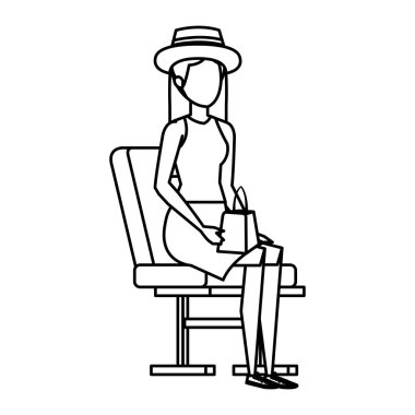 Yaz şapka Havaalanı sandalyede turist kızla