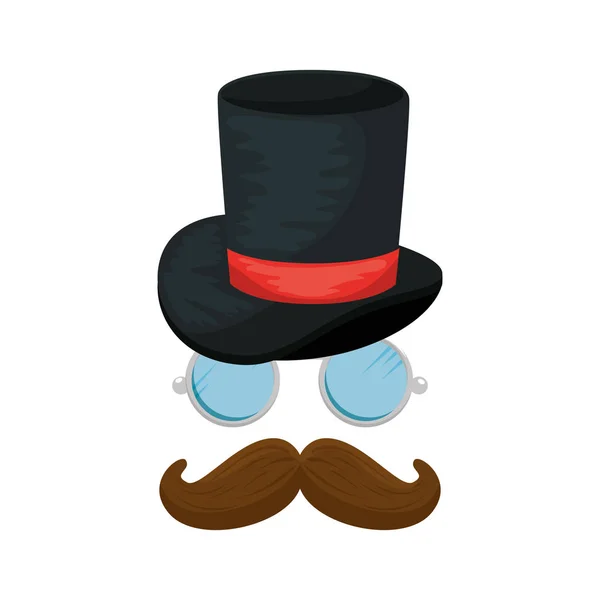 Chapéu superior com bigode e óculos acessórios hipster — Vetor de Stock