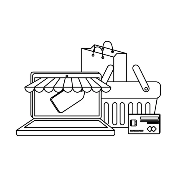 Laptop mit Sonnenschirm-Einkaufstasche und Kreditkarte — Stockvektor