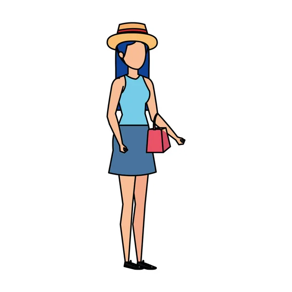 Beautiful tourist girl with summer hat character — Stock Vector