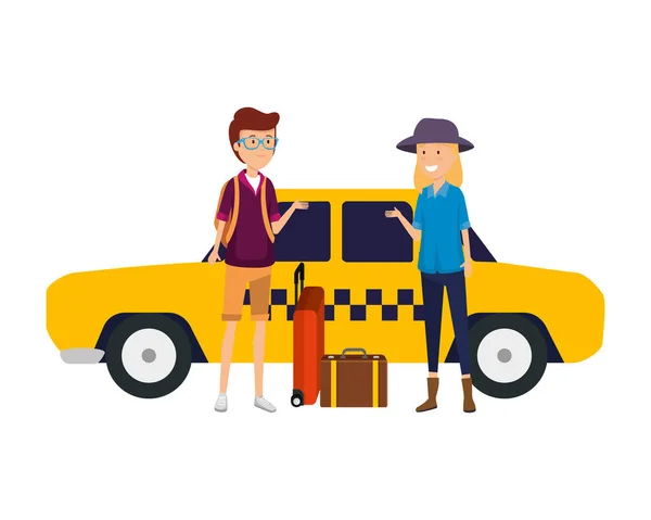 Pareja de turistas con maletas en caracteres de taxi — Archivo Imágenes Vectoriales