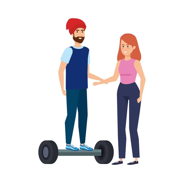 Joven pareja en hoverboard eléctrico — Archivo Imágenes Vectoriales