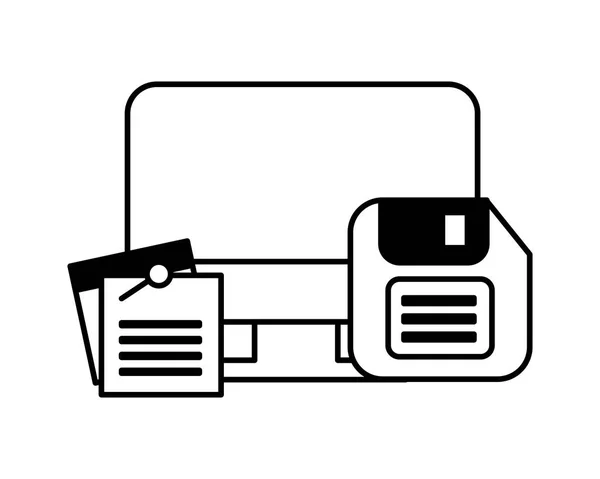 Computer desktop cu documente și floppy — Vector de stoc