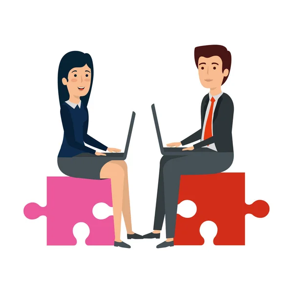 Business couple sitting in puzzle piece with laptop — Stock Vector