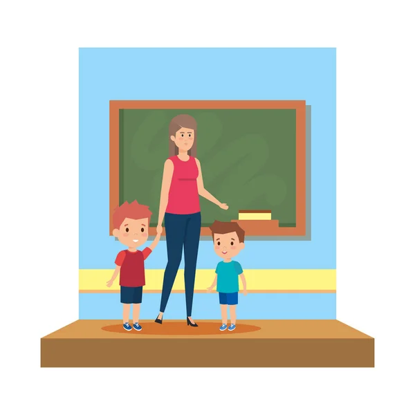 Female teacher with boys in the classroom — Stock Vector