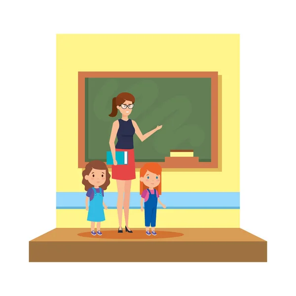 Female teacher with girls in the classroom — Stock Vector