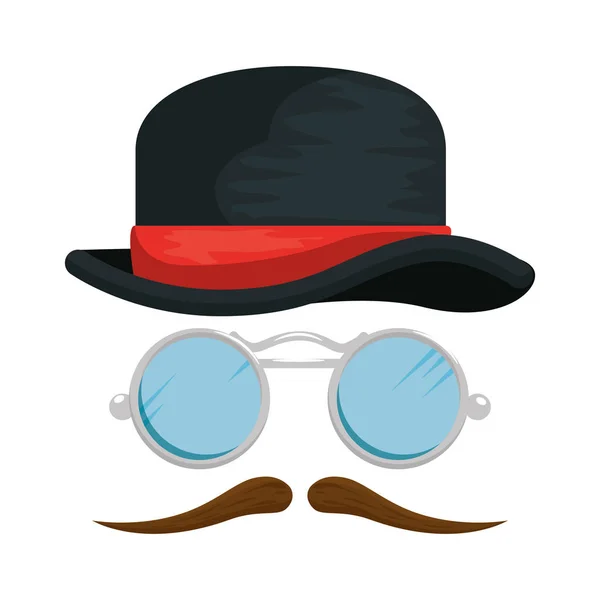 Top hat with mustache and glasses hipster accessories — Stock Vector
