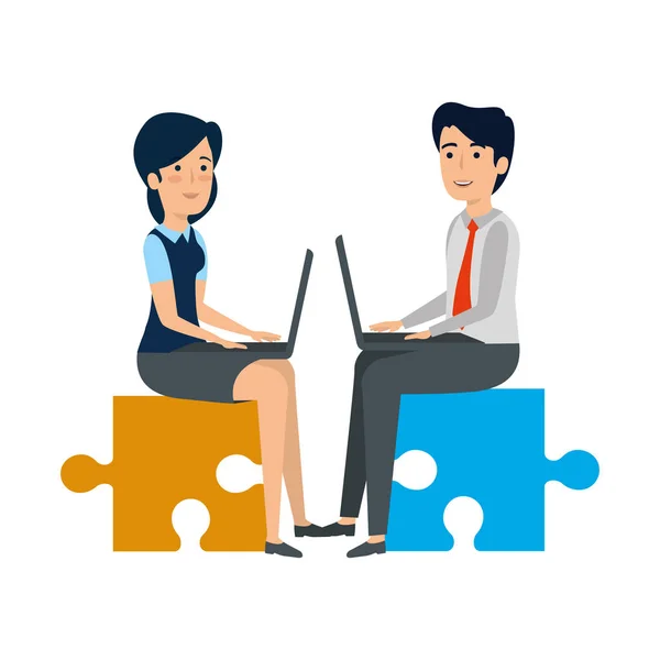 Business couple sitting in puzzle piece with laptop — Stock Vector