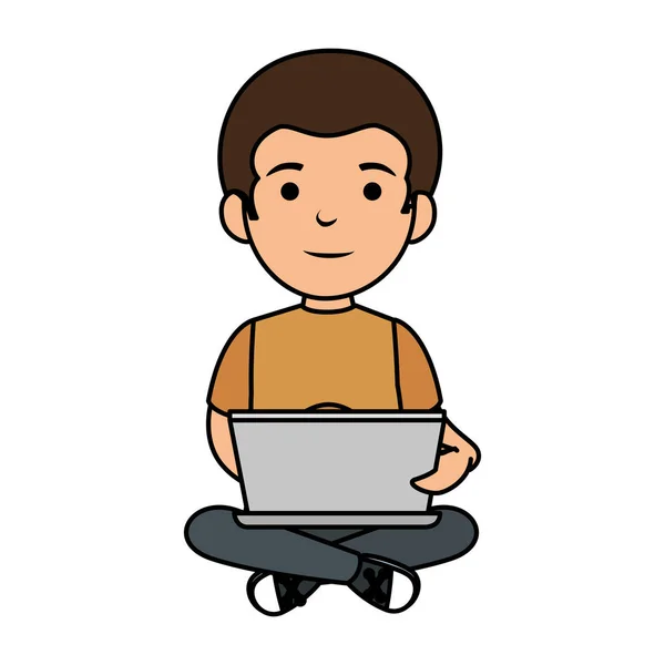 Little schoolboy with laptop computer — Stock Vector