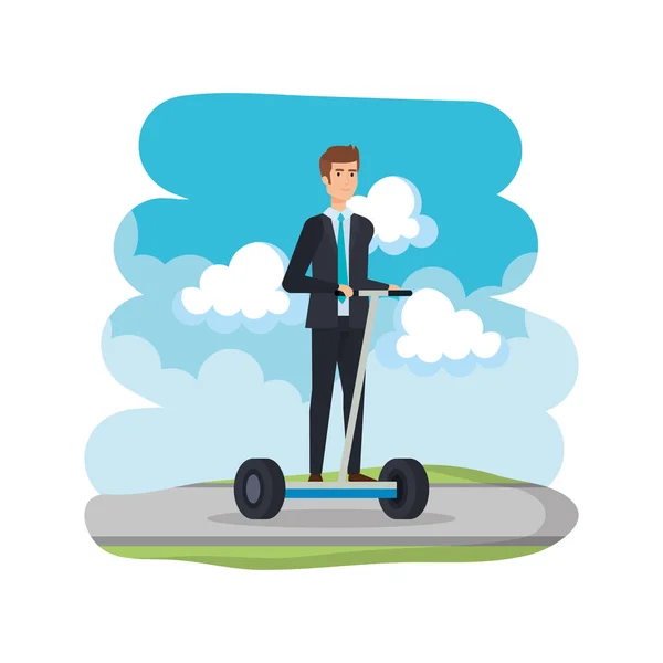 Businessman in folding e-scooter on road — Stock Vector