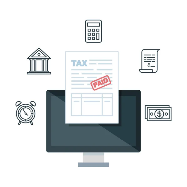Ordinateur de bureau avec des icônes fiscales financières — Image vectorielle