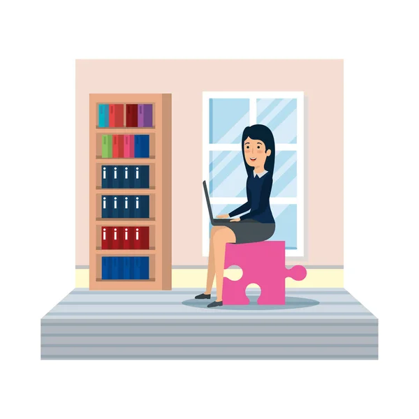 Businesswoman with puzzle piece and laptop in workplace — Stock Vector