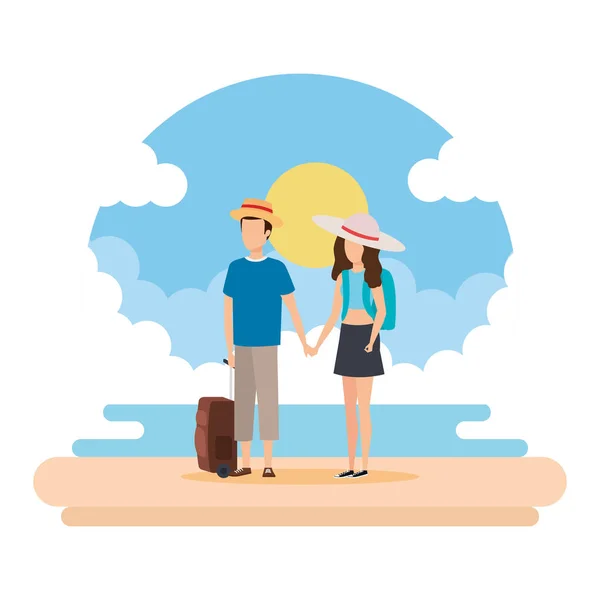 Jeune couple avec valise sur la plage — Image vectorielle