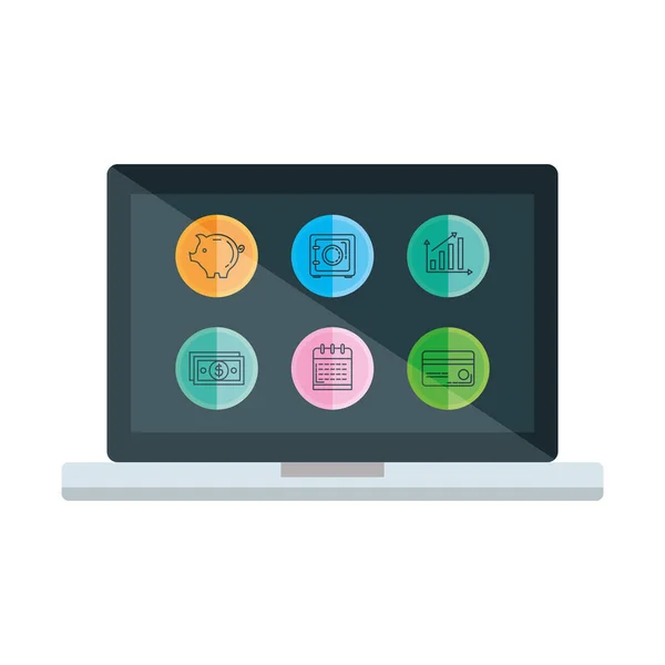 Computer portatile con set icone aziendali — Vettoriale Stock