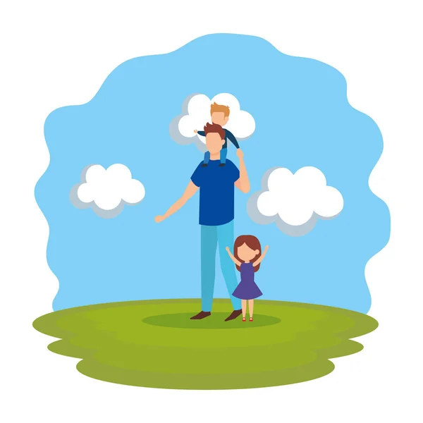 Baba ile oğlu ve kızı parkta — Stok Vektör