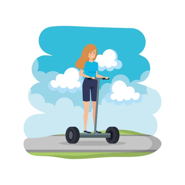 Young woman in folding e-scooter on road — Stock Vector